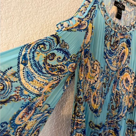 Midnight Velvet Teal Paisley Cold-Shoulder Pleated Blouse - Picture 3 of 16